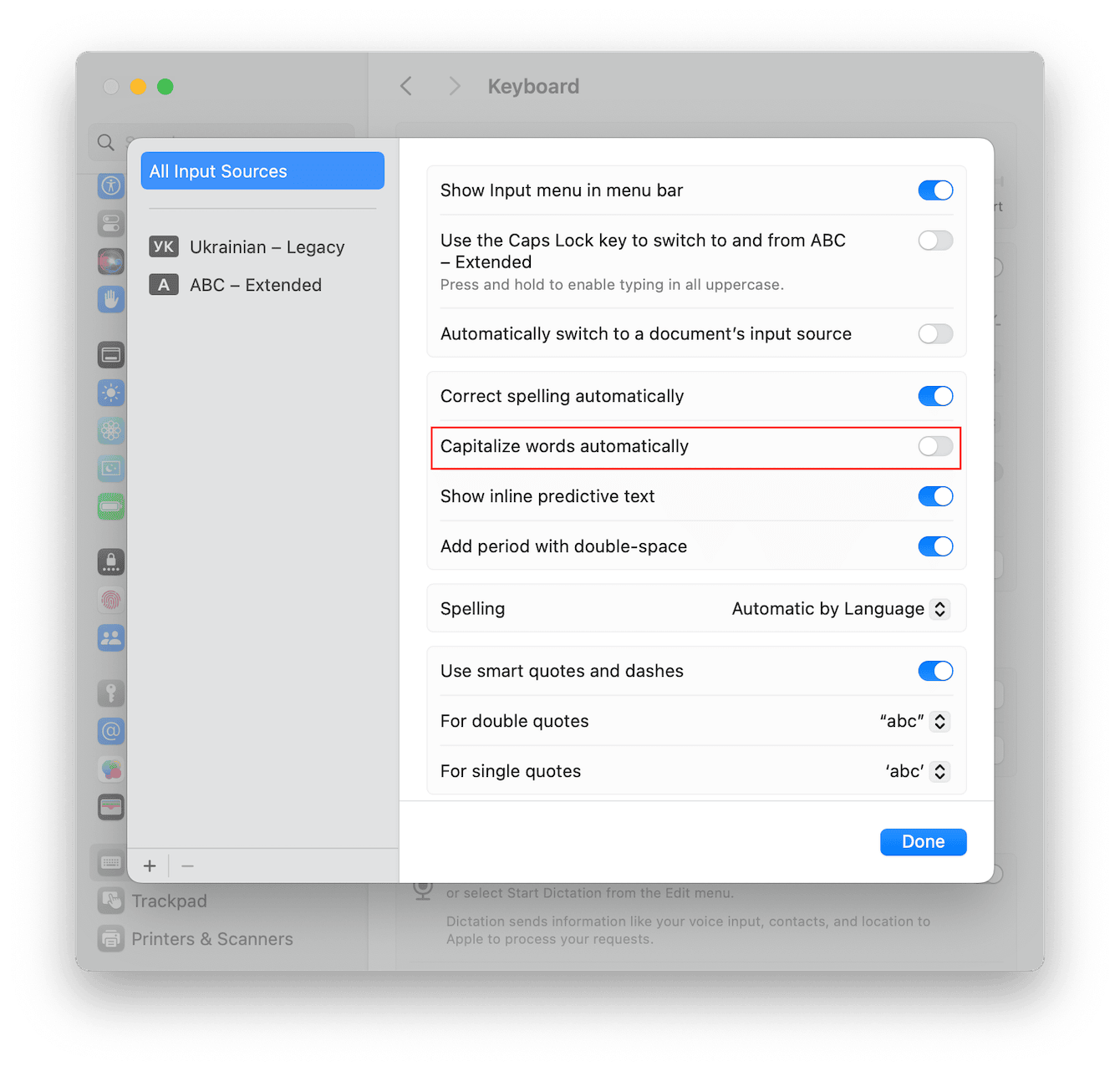 How to turn off auto caps on Mac